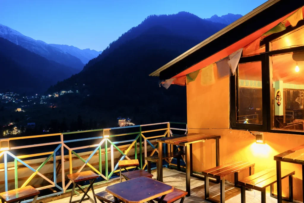 Exterior sitting space of a hotel in Himachal