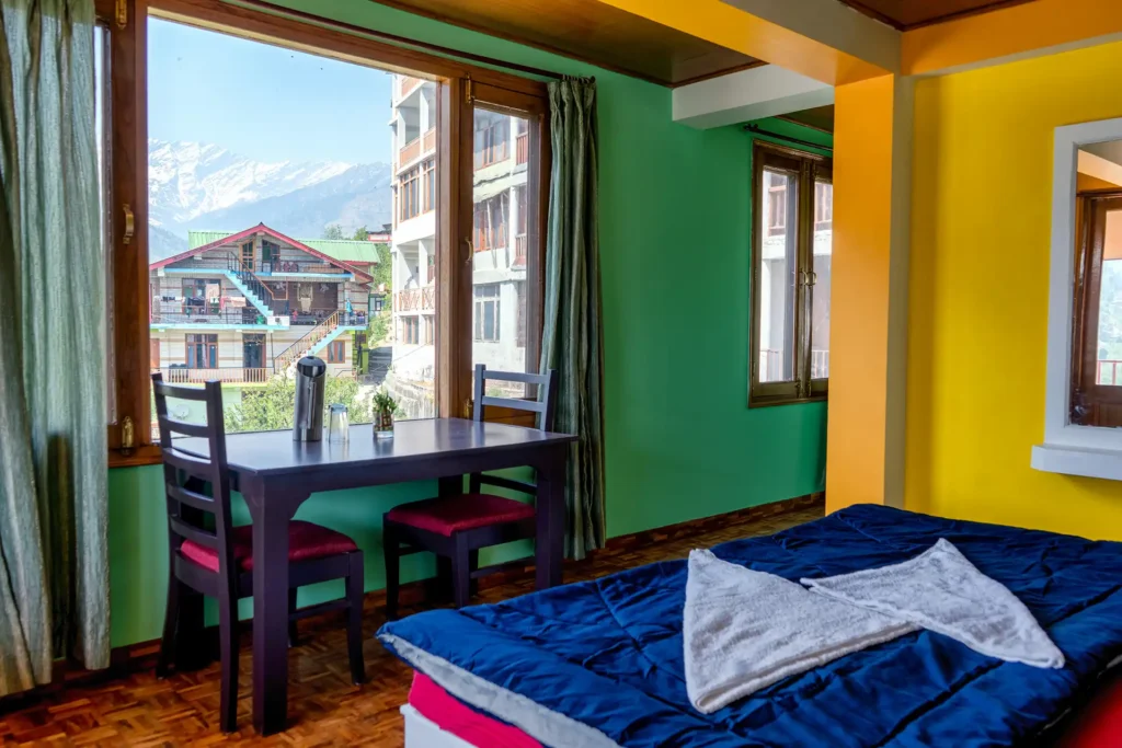 Window view from the colorful hotel room