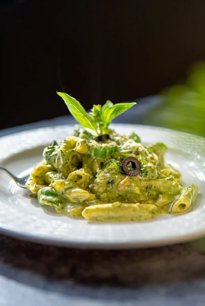 Green Sauce Pasta with green leaves garnishing
