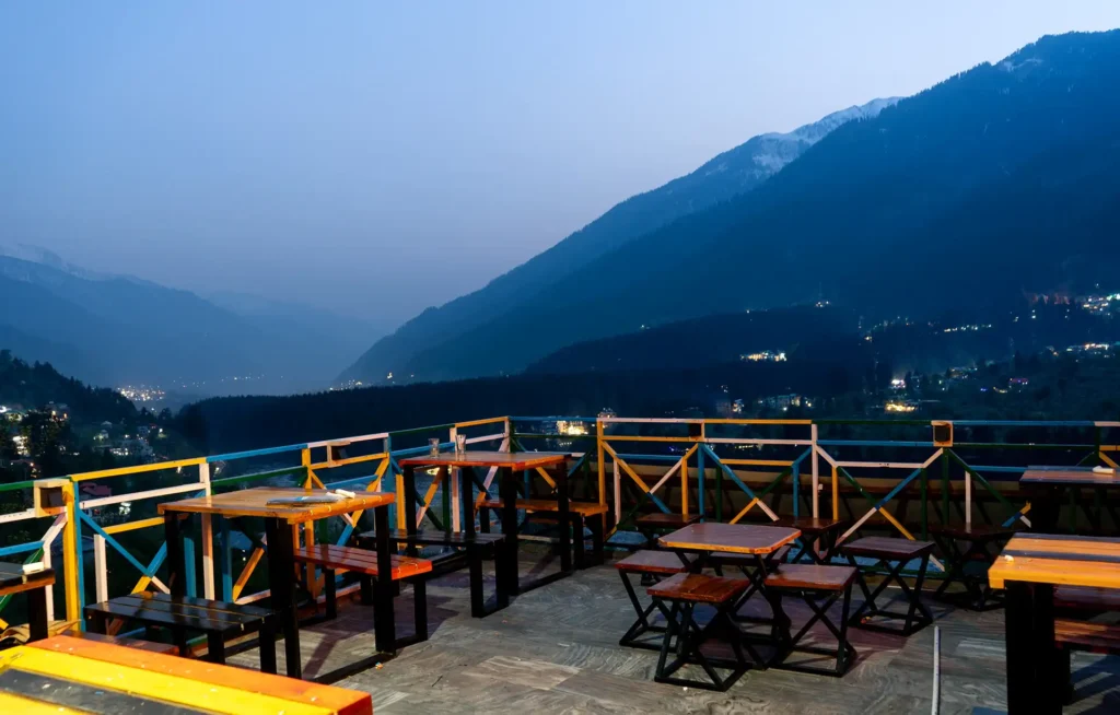 Exterior sitting space of a hotel in Himachal