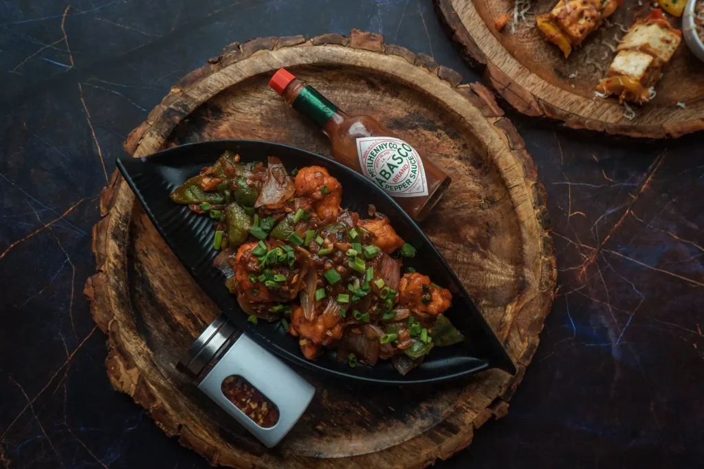 Chilli Chicken with chilli flakes and chutney